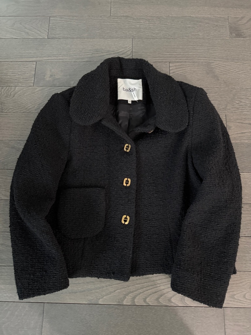 ba&sh Black Bouclé Jacket with Gold Buttons